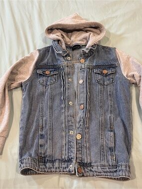Little Bipsy Kids Two-Tone Denim Jacket with Grey Sweater Hoodie and Sleeves